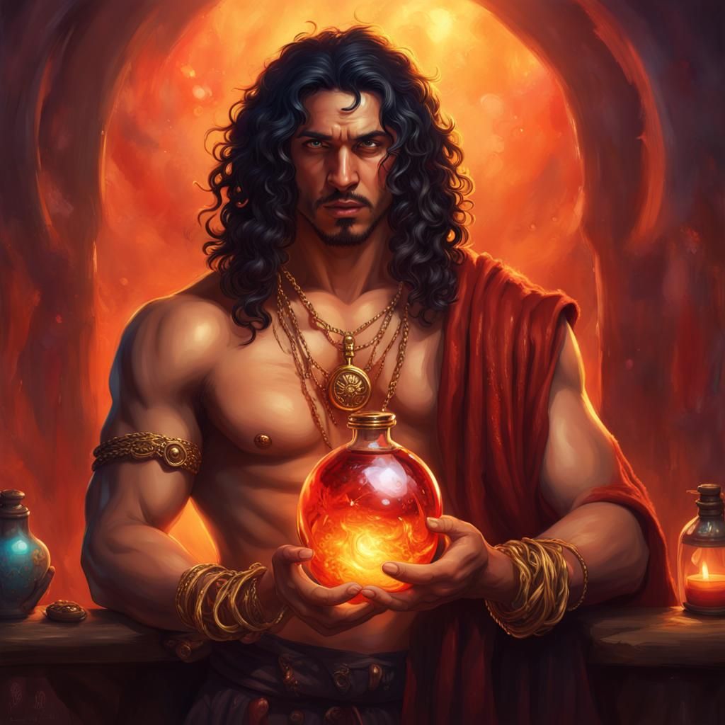 Romani Druid with Potion, Hyperrealistic Concept Art