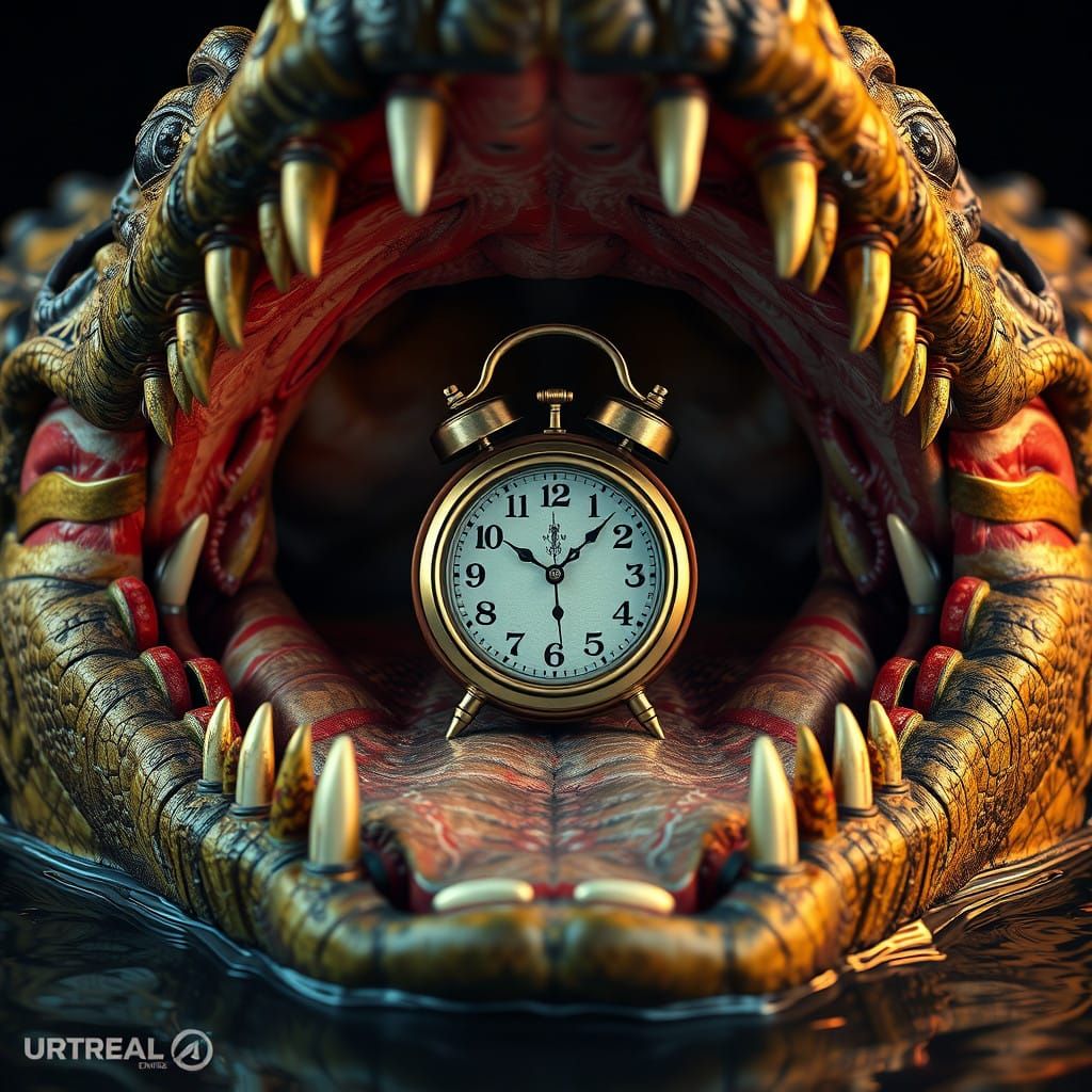 Fantastical Crocodile with Antique Alarm Clock in Splendid D...