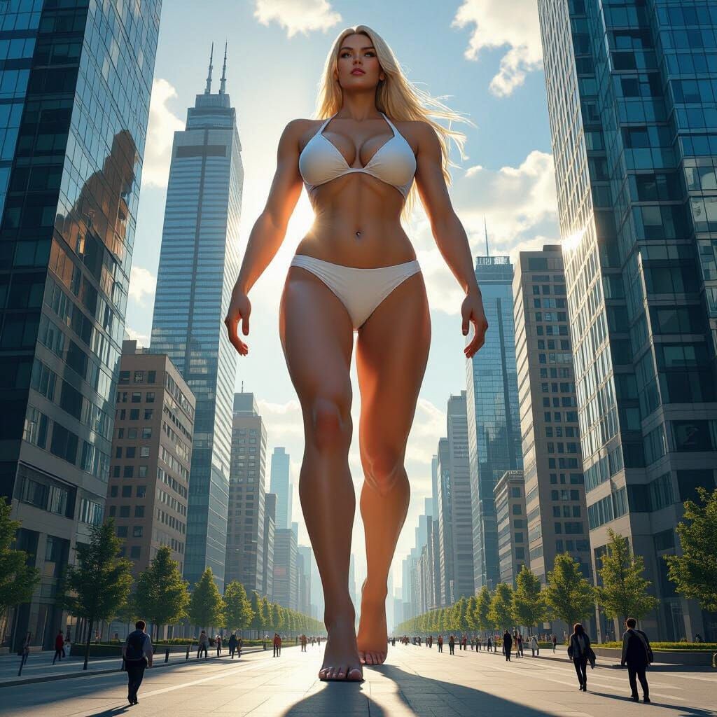 Colossal Giantess Striding Through Metropolis, Hyperrealisti...