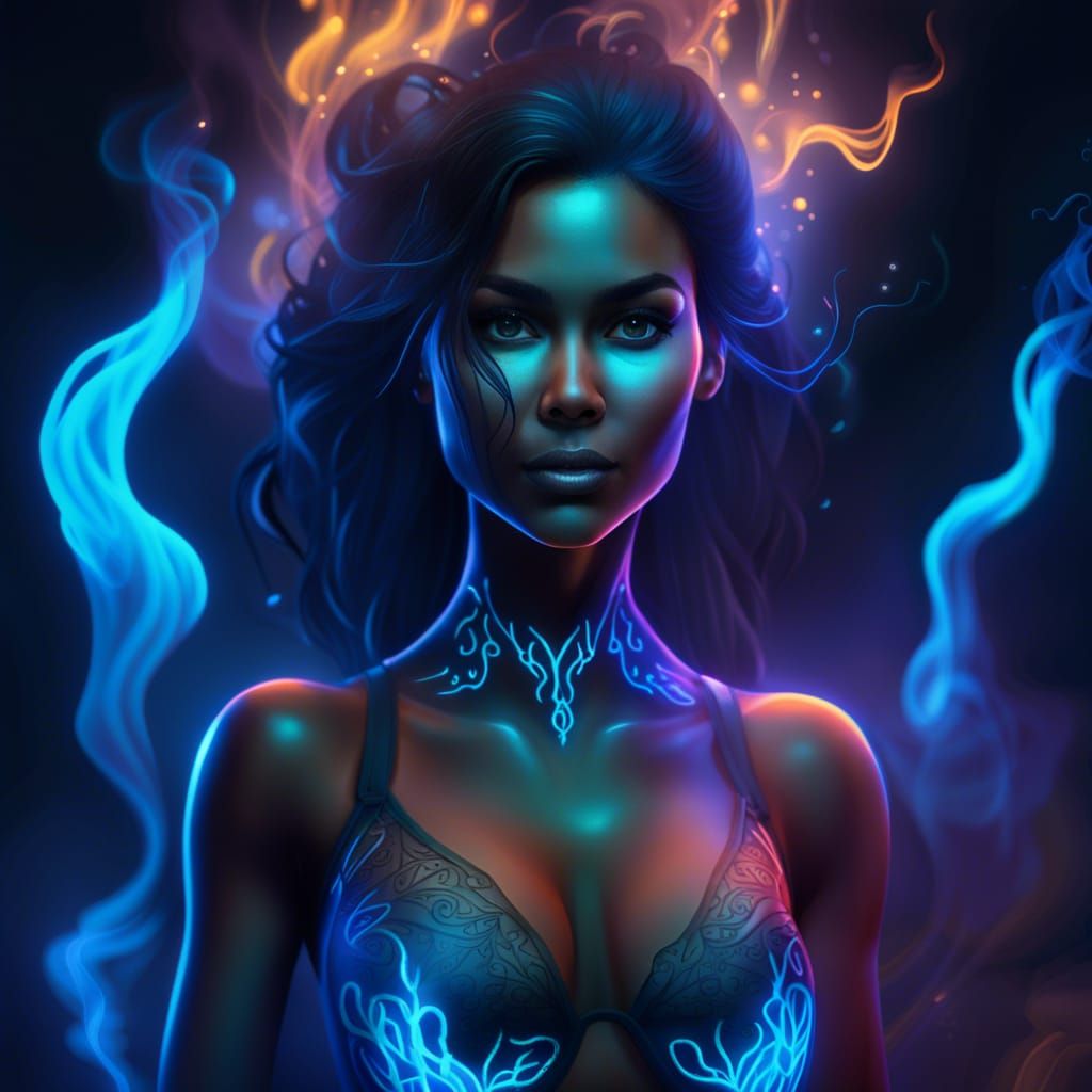 Bioluminescent Woman in a Detailed Matte Painting