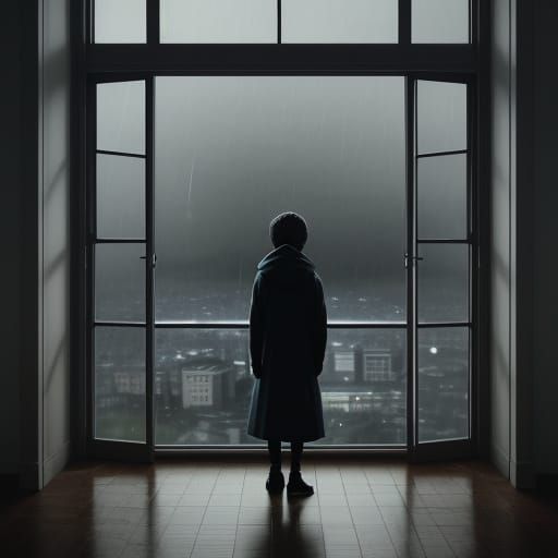 Spacious Room at Night, Child Gazing Out at Rainy Windows in...