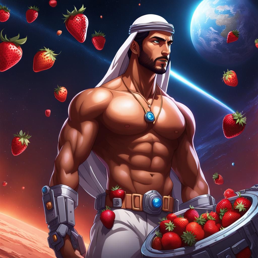 Arabian Men in Space with Strawberries: Dark Fantasy Art