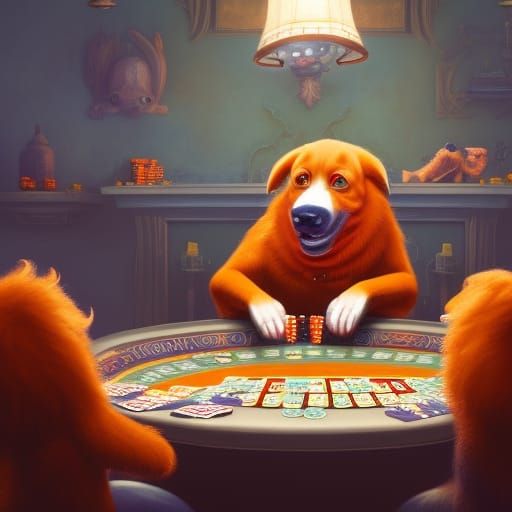 Orange Dog Playing Poker: Detailed Matte Painting