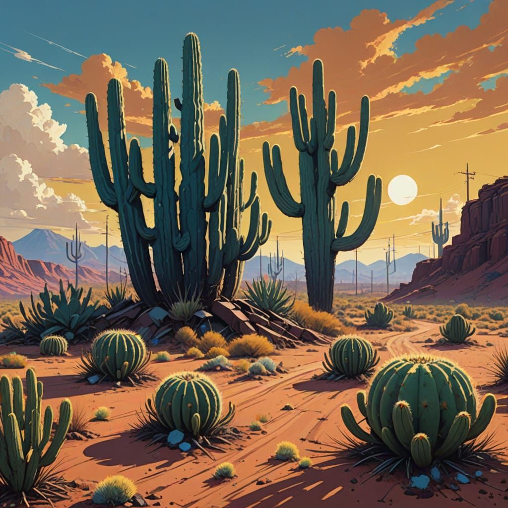 Cacti Kingdom in a Boundless Red Clay Desert