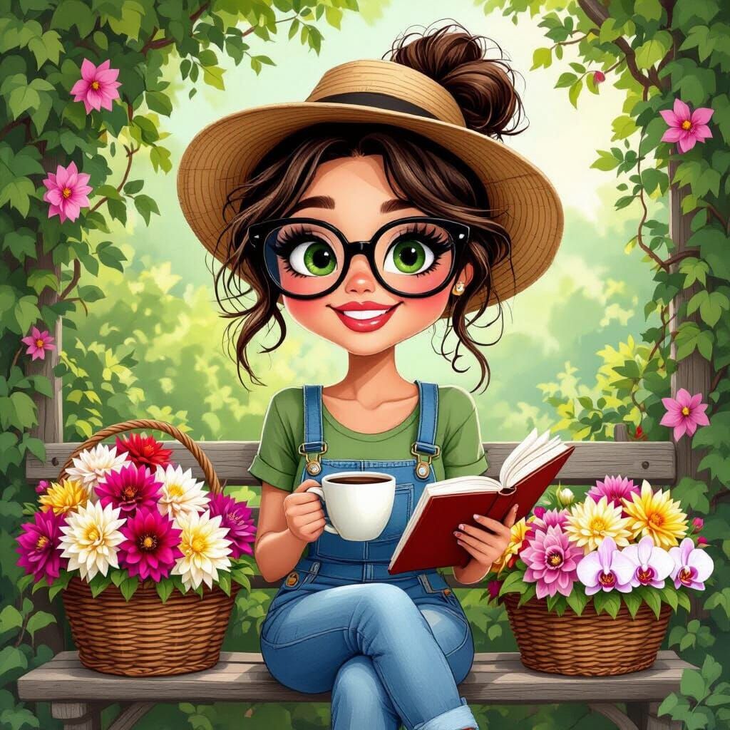 Whimsical Caricature of Woman with Coffee and Flowers