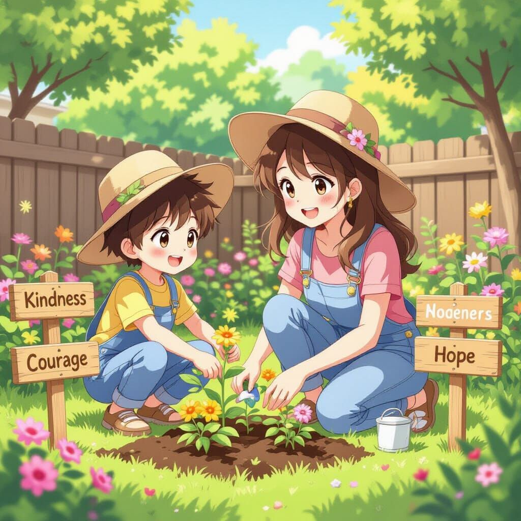 Heartwarming Anime Garden Scene with Boy and Mom