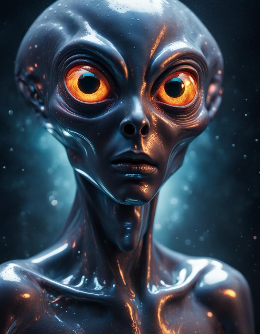 Alien with Galaxy Eyes in Liquid Metal Style