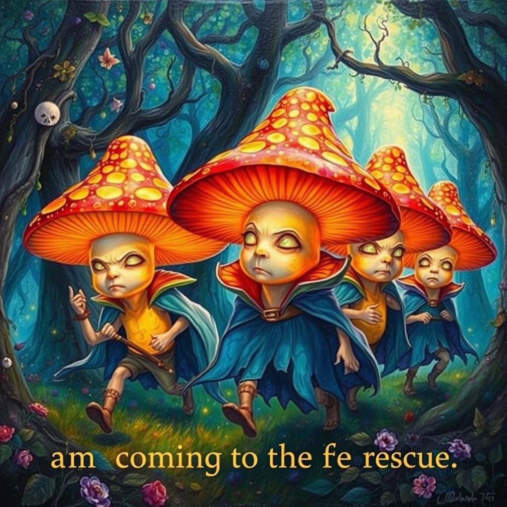 Surreal Mushroom Heroes on a Quest in Bioluminescent Forest