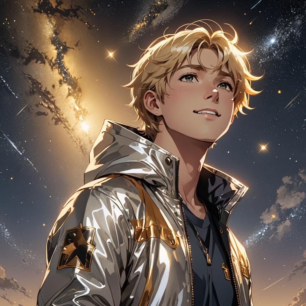 Chiseled Teen Boy Gazing Up at Celestial Wonders in Gold and...