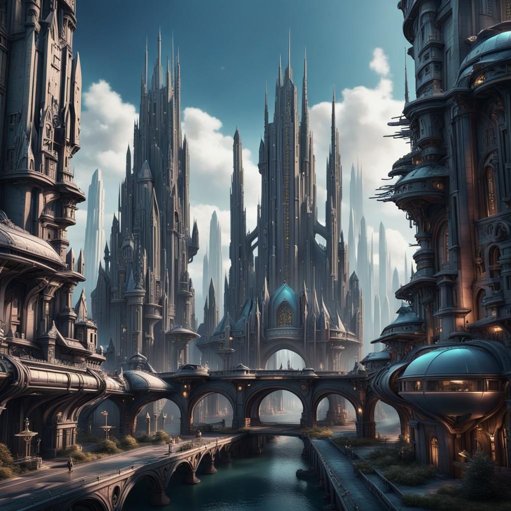 Gothic Futuristic City: Detailed Fantasy Concept Art