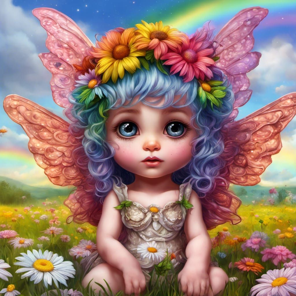 Pink-Haired Fairy in Rainbow Sky: Photorealistic Art