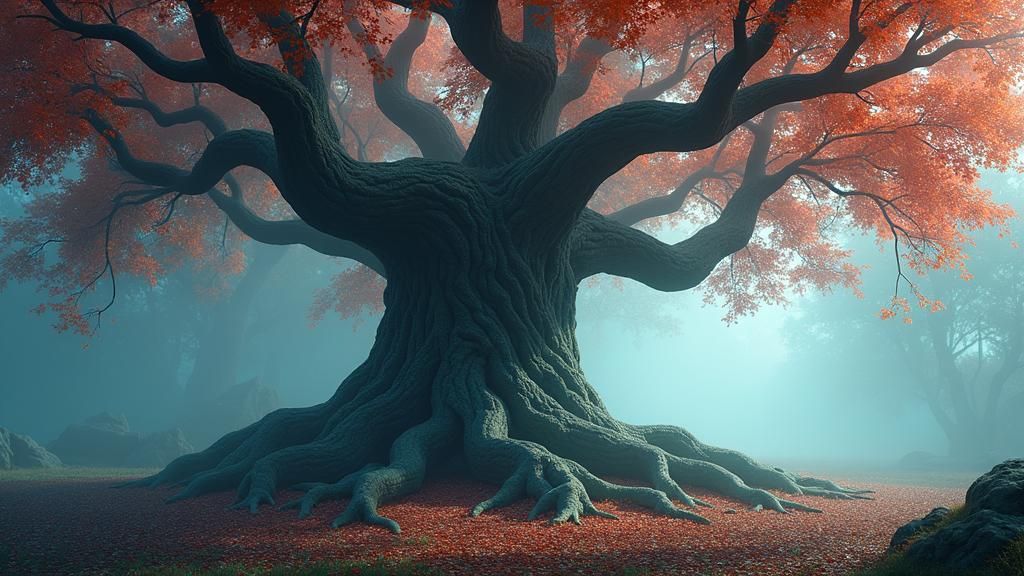 Mystical Three-Layer Tree in Vibrant Fantasy Landscape