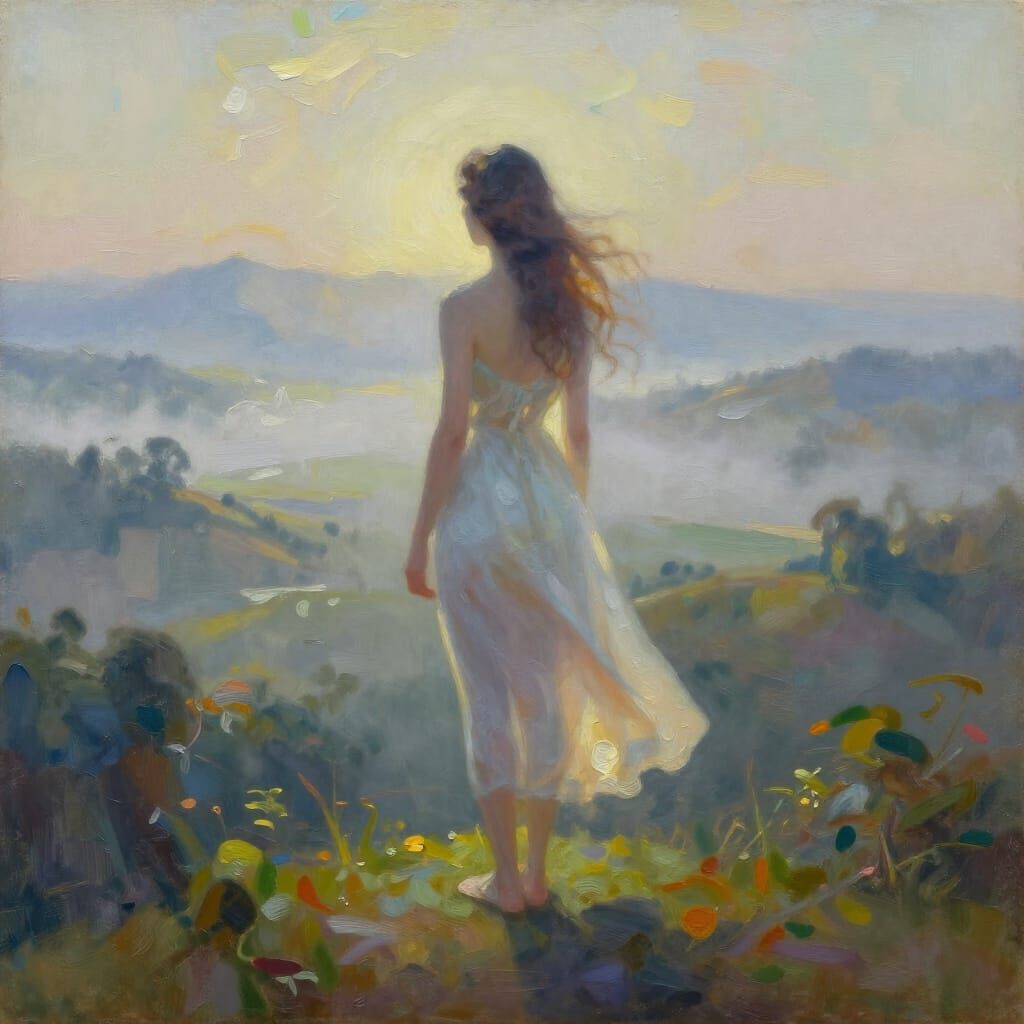 Surreal Woman in Misty Vietnamese Valley, Oil Painting Style