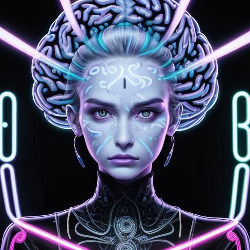 Neon Brain Fashion Portrait in Charcoal Drawing Style