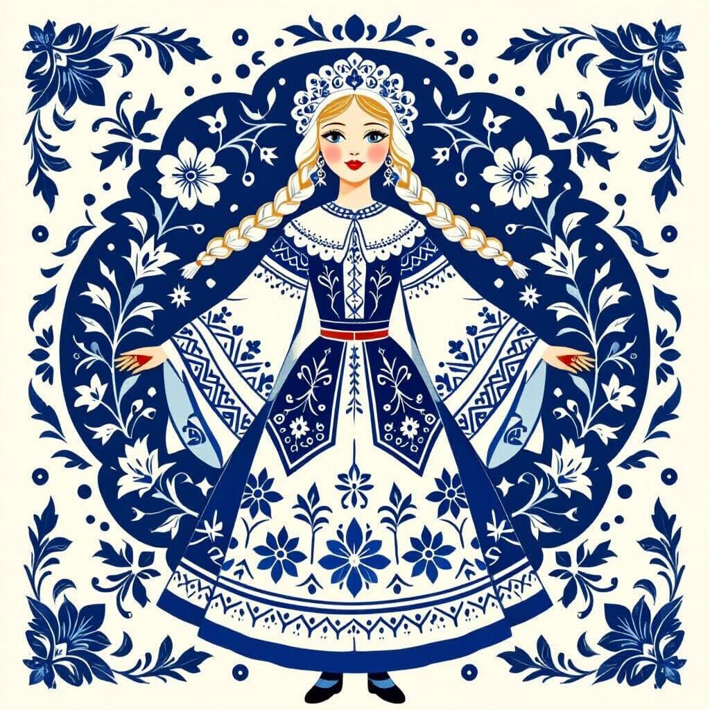 Gzhel Style Snow Maiden in Blue and White Folk Art