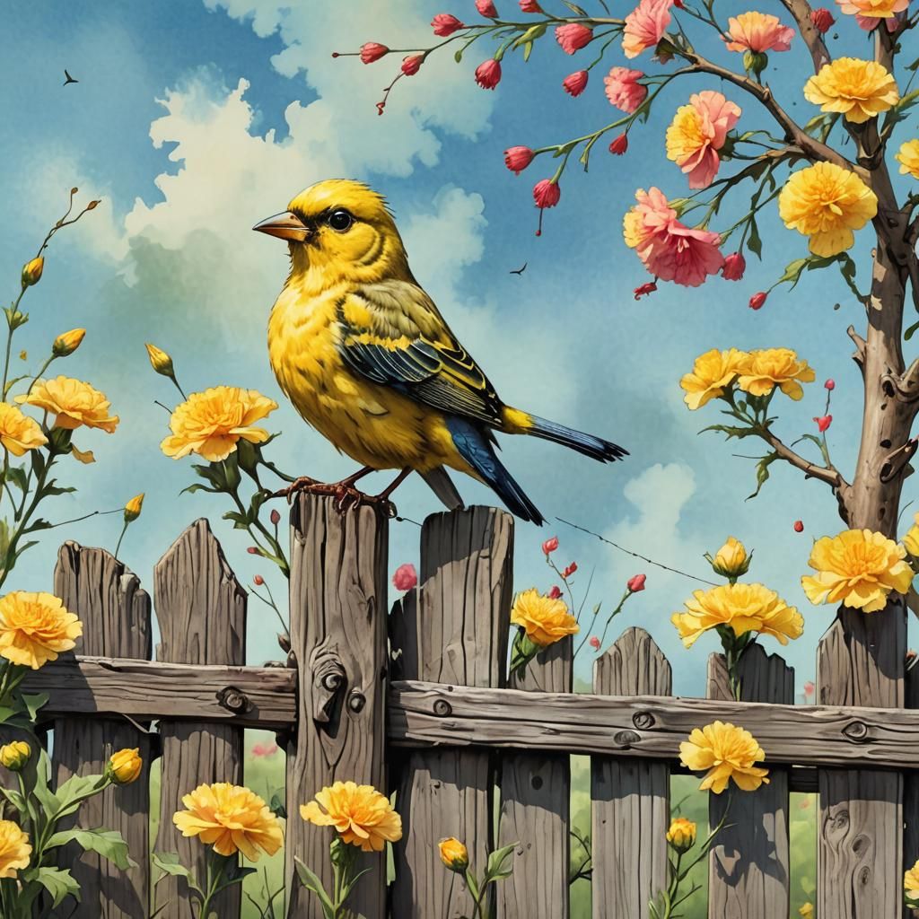 Vivid Watercolor: Yellow Bird on Fence Post