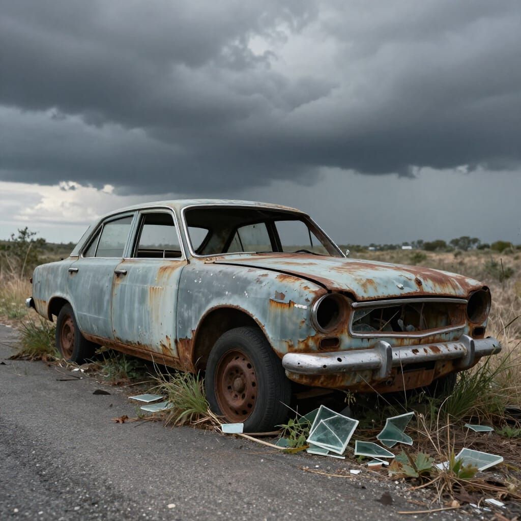 Abandoned Rusted Car on Overgrown Roadside