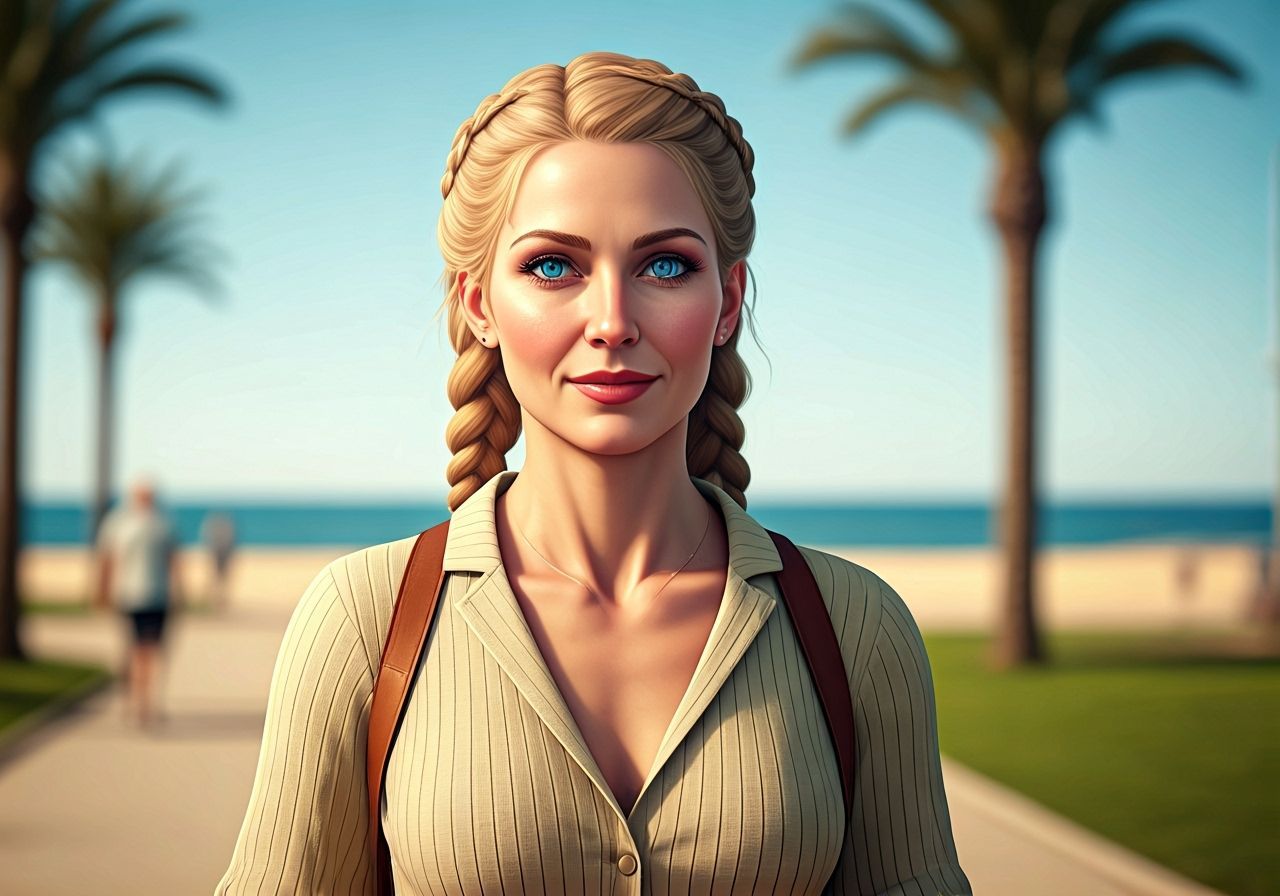 Anime Woman Walking on Beach in Spring Clothes