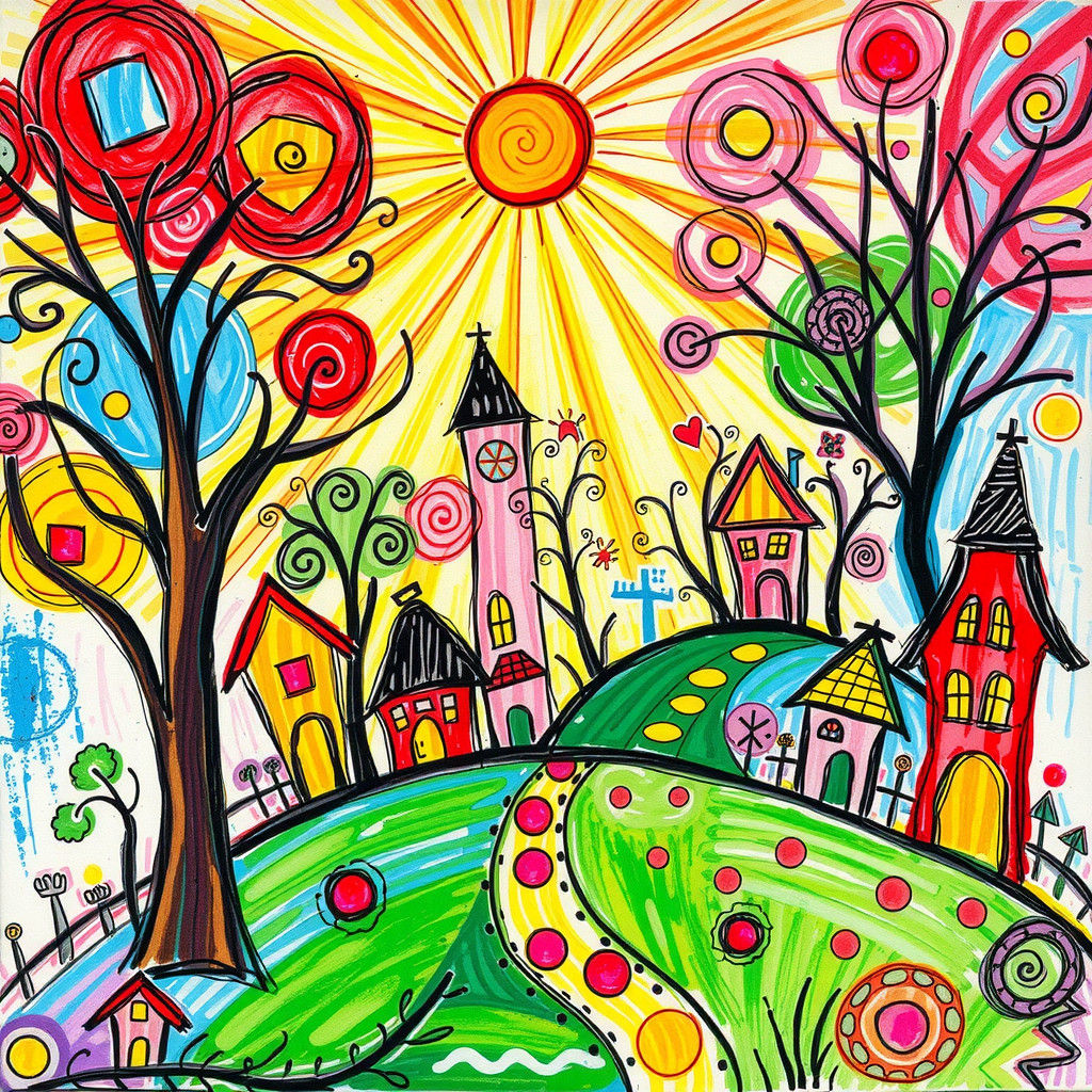 Whimsical World of Childlike Doodles in Kaleidoscope Colors