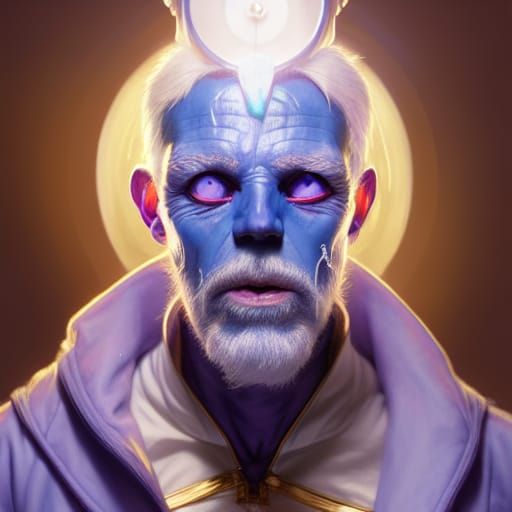Blue Ghost Man Portrait with Golden Clock, Hyperdetailed