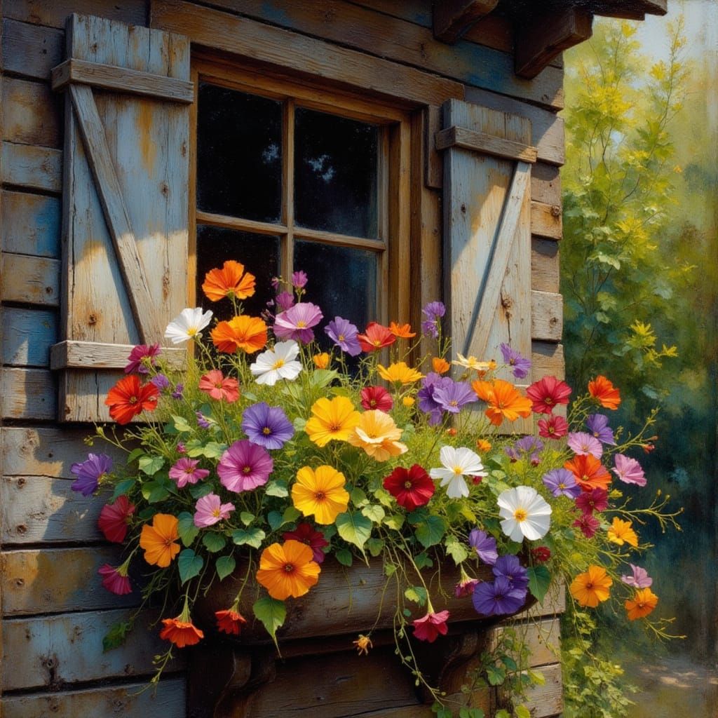 Charming Cabin with Vibrant Flowers in Golden Age Style