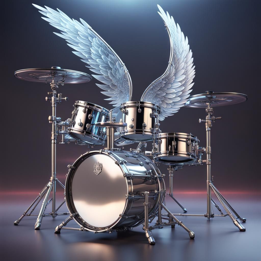Enormous crystal silver Glass, shiny steel Electric drum set with wings