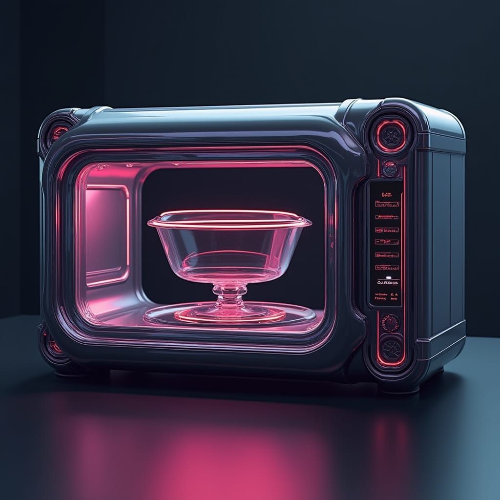 Modern Futuristic Microwave with Metallic Finish and Neon Ac...