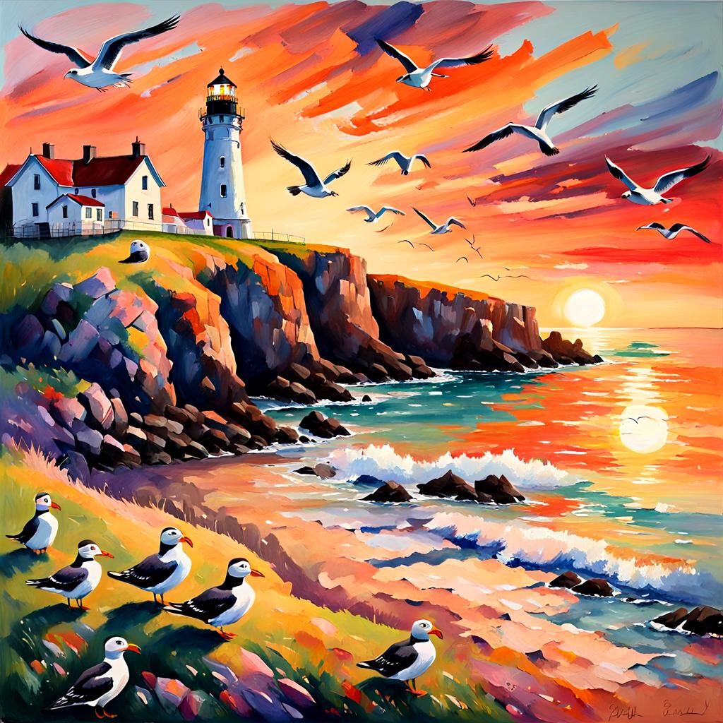 Beach Sunset with Lighthouse: Impressionist Gouache Painting