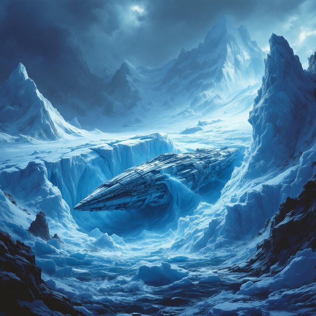 Alien Starship Emerges from Glacier in Sci-Fi Painting
