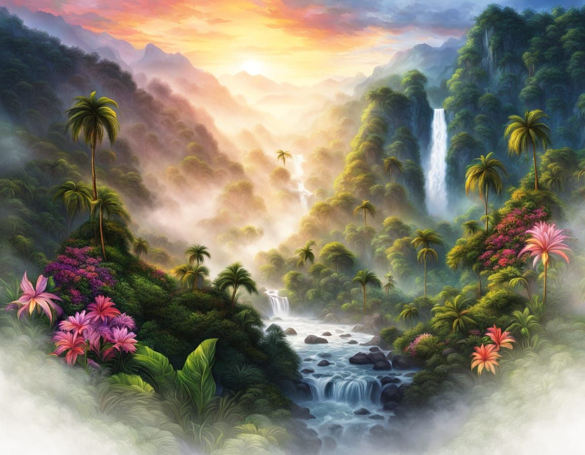 Lush Rainforest Summerscape at Sunrise as Acrylic Painting