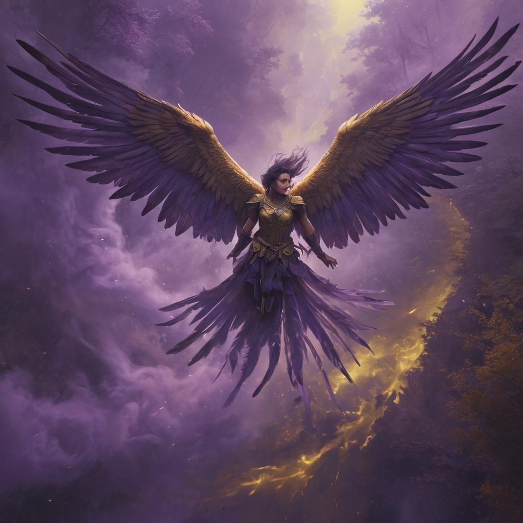 Winged Woman Soaring Through Mystical Realm