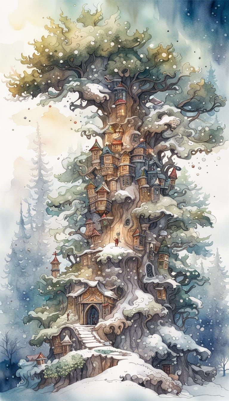 Fairytale Pine Tree Kingdom in Watercolor