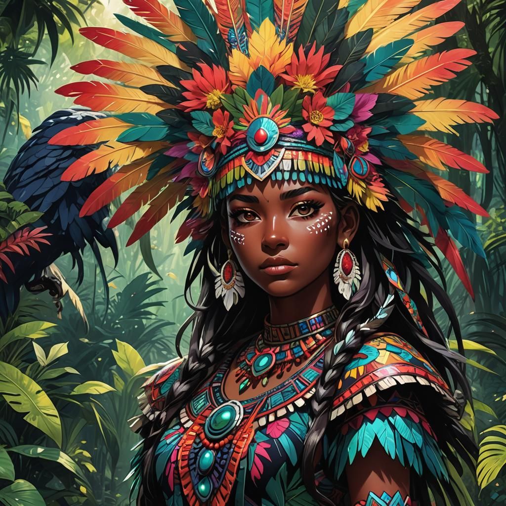 Aztec Anime Girl in Mystical Jungle, Vibrant Digital Art