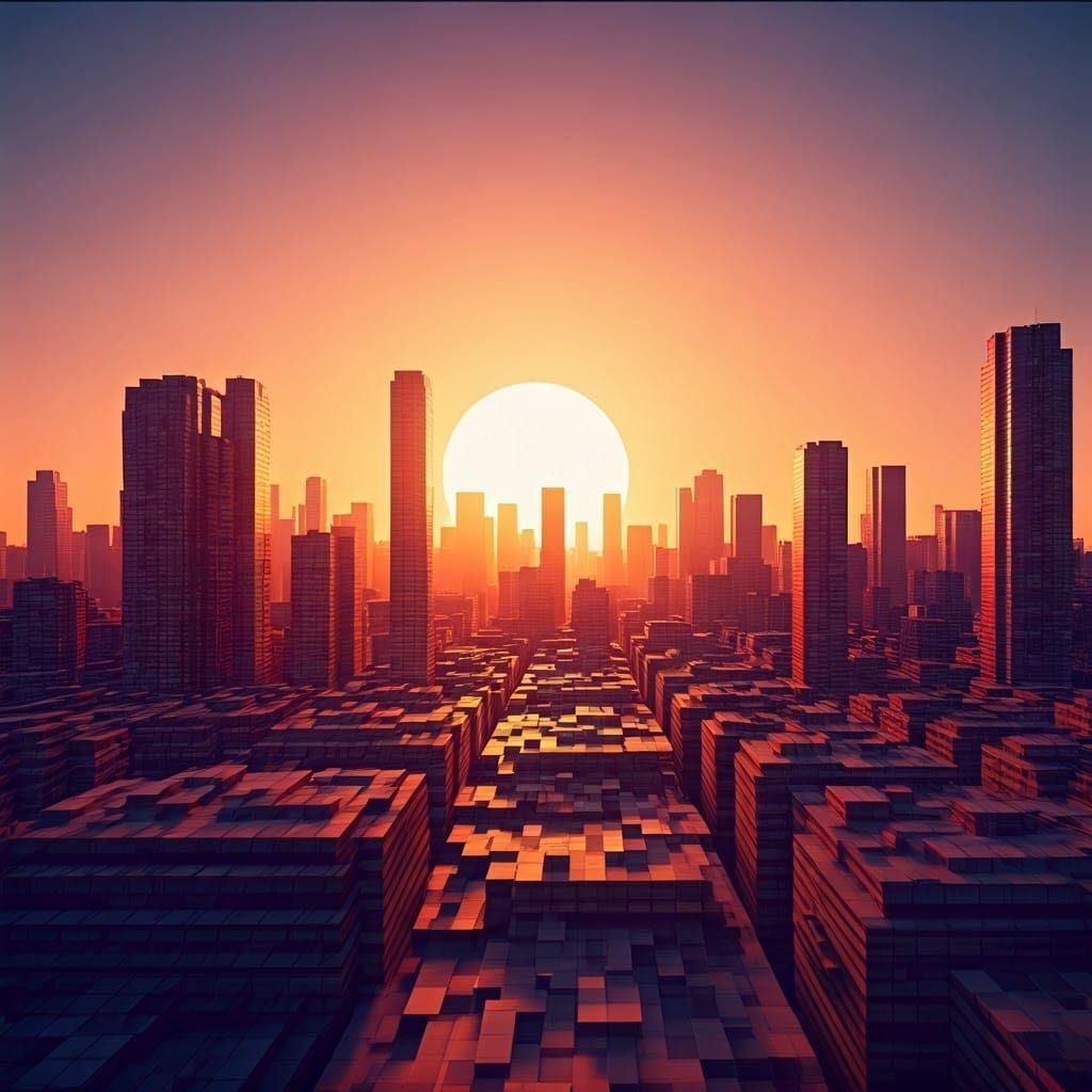 Surreal Cityscape of Interlocking Squares at Sunset