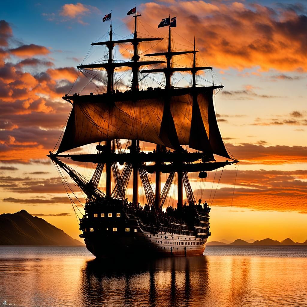 The Endeavour in a New Zealand Harbor at Sunset