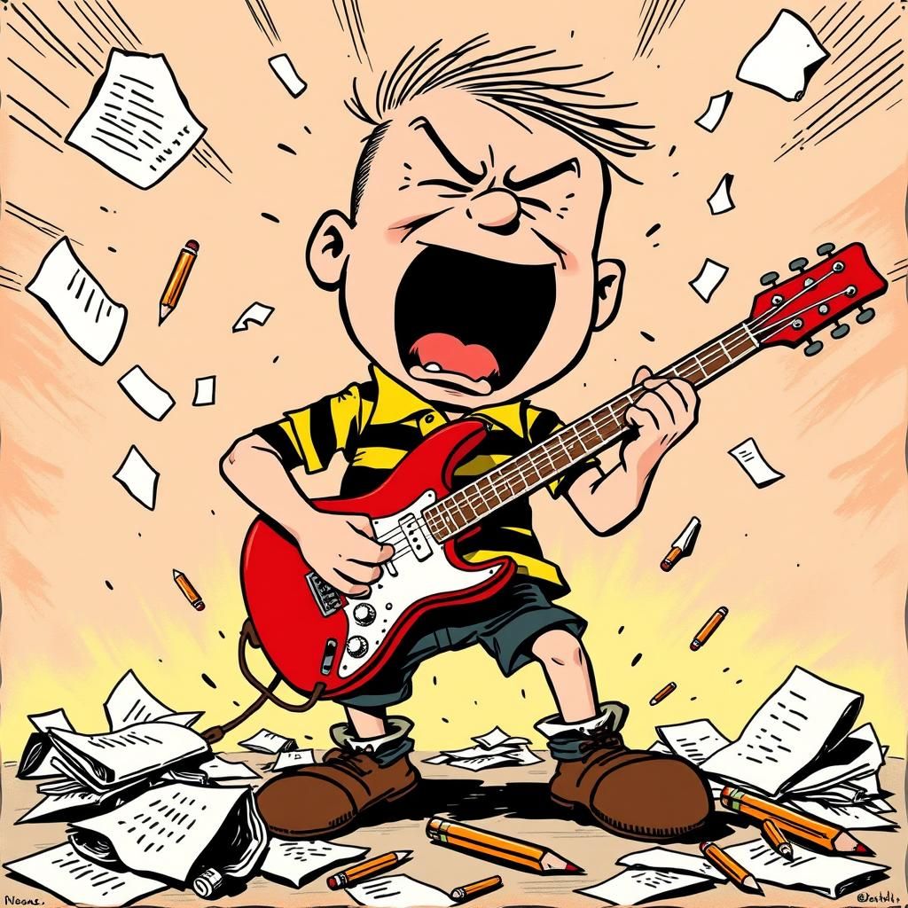 Comical Character Playing Electric Guitar in Graphic Style