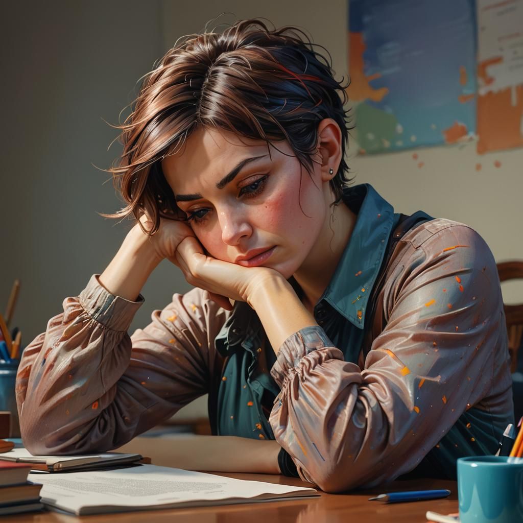 Exhausted Pixie Woman Resting Head on Desk