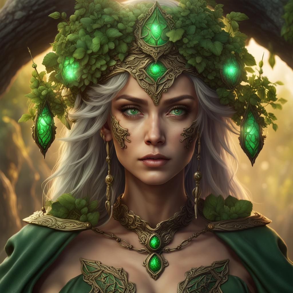 Green-Eyed Druid in Detailed Matte Painting Style