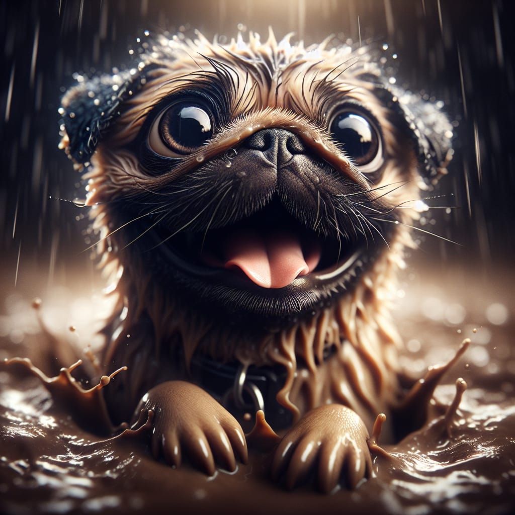 Happy Muddy Pug Portrait in Chibi Style