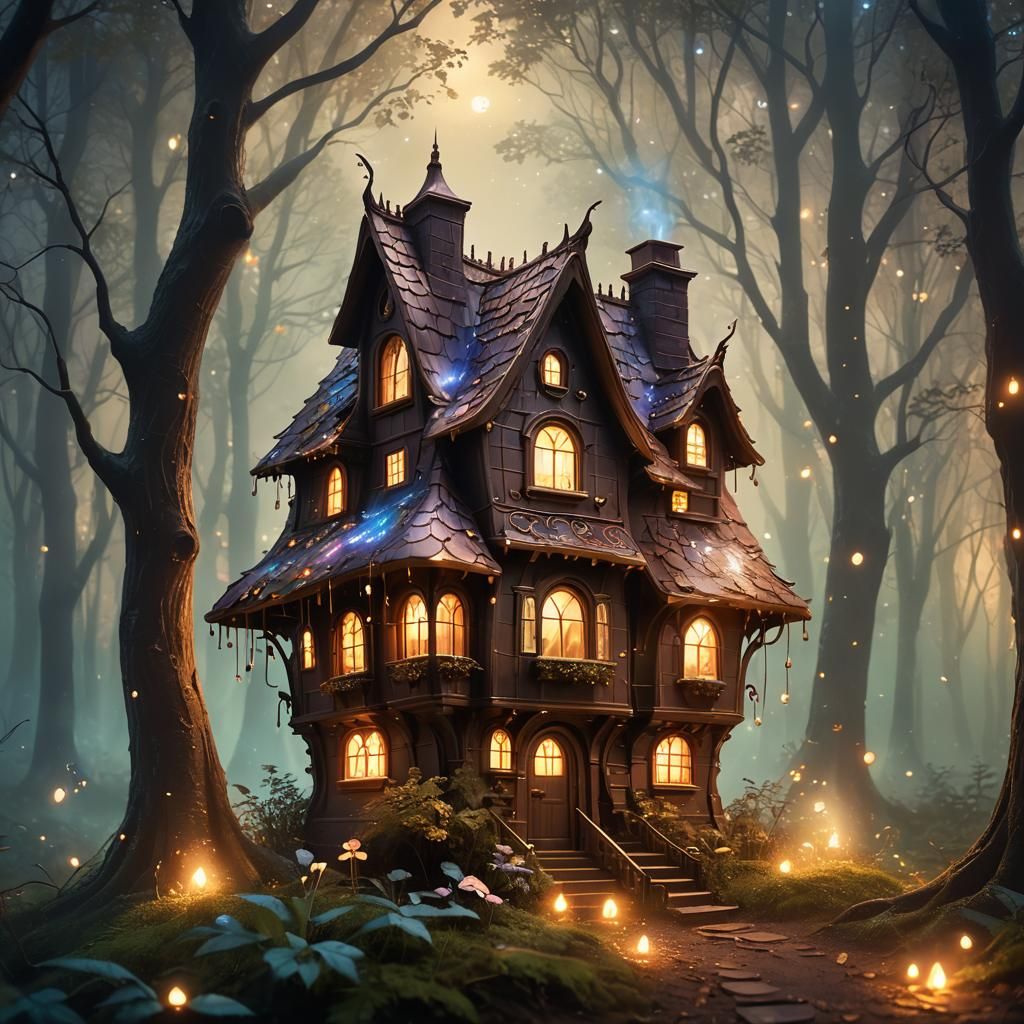 Mystical Chocolate House in Nocturnal Fantasy Scene