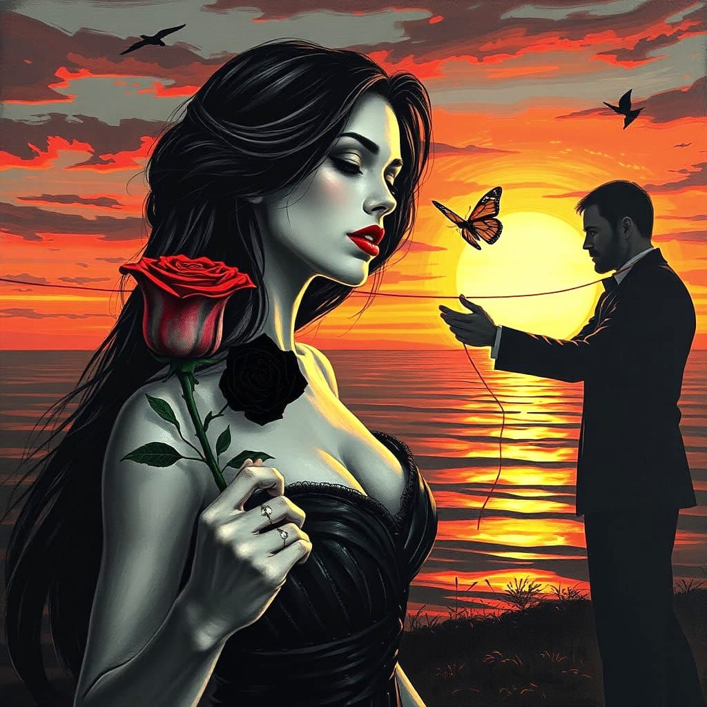 A seductively beautiful woman, long hair, red lips, tied with a barely noticeable, thin thread to the sunset on the hori...