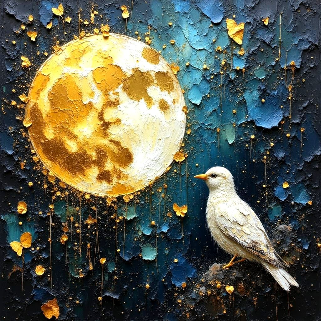 Textured Birds in Moonlight: Impasto Oil Painting