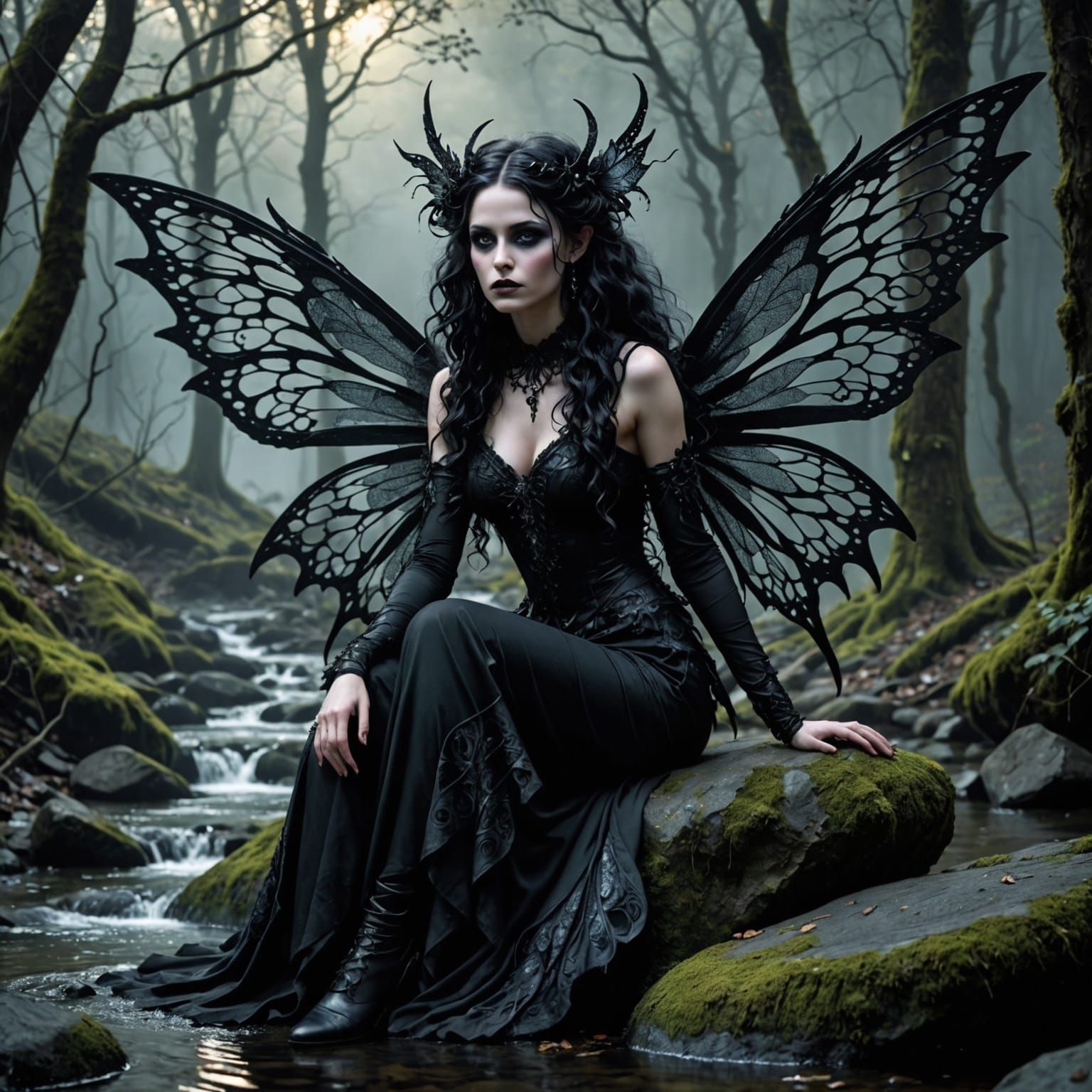 Gothic Fairy in Moonlit Forest Illustration