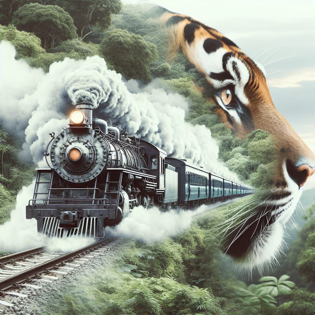 Steam Train Bursting from Tiger Head in Jungle