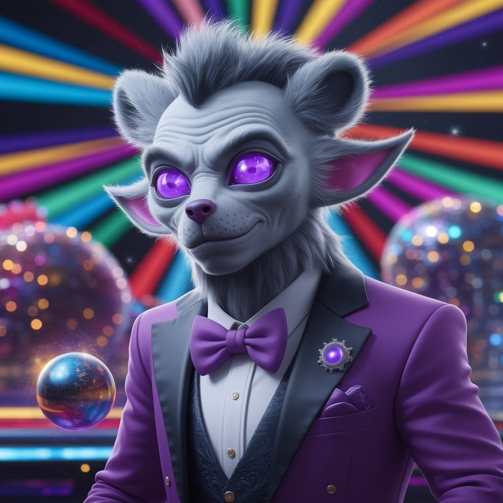 Enigmatic Alien Casino Owner in Vibrant Holographic Landscap...