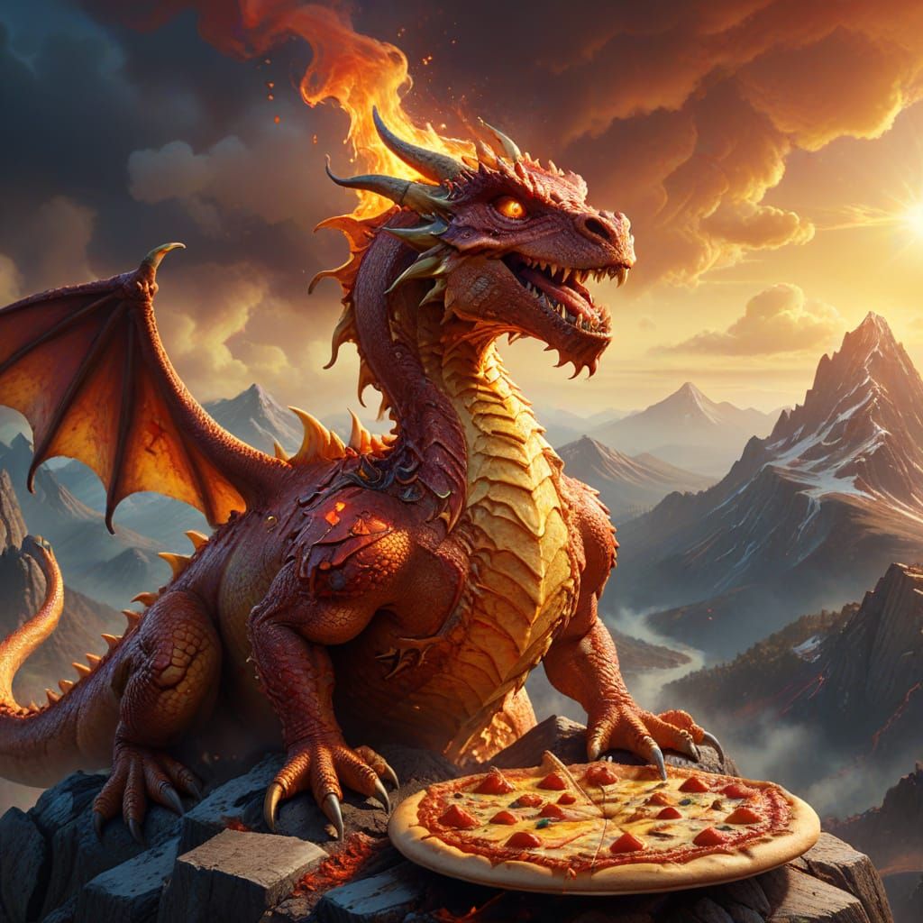 Pizza Dragon on Mountain in Zbrush Style