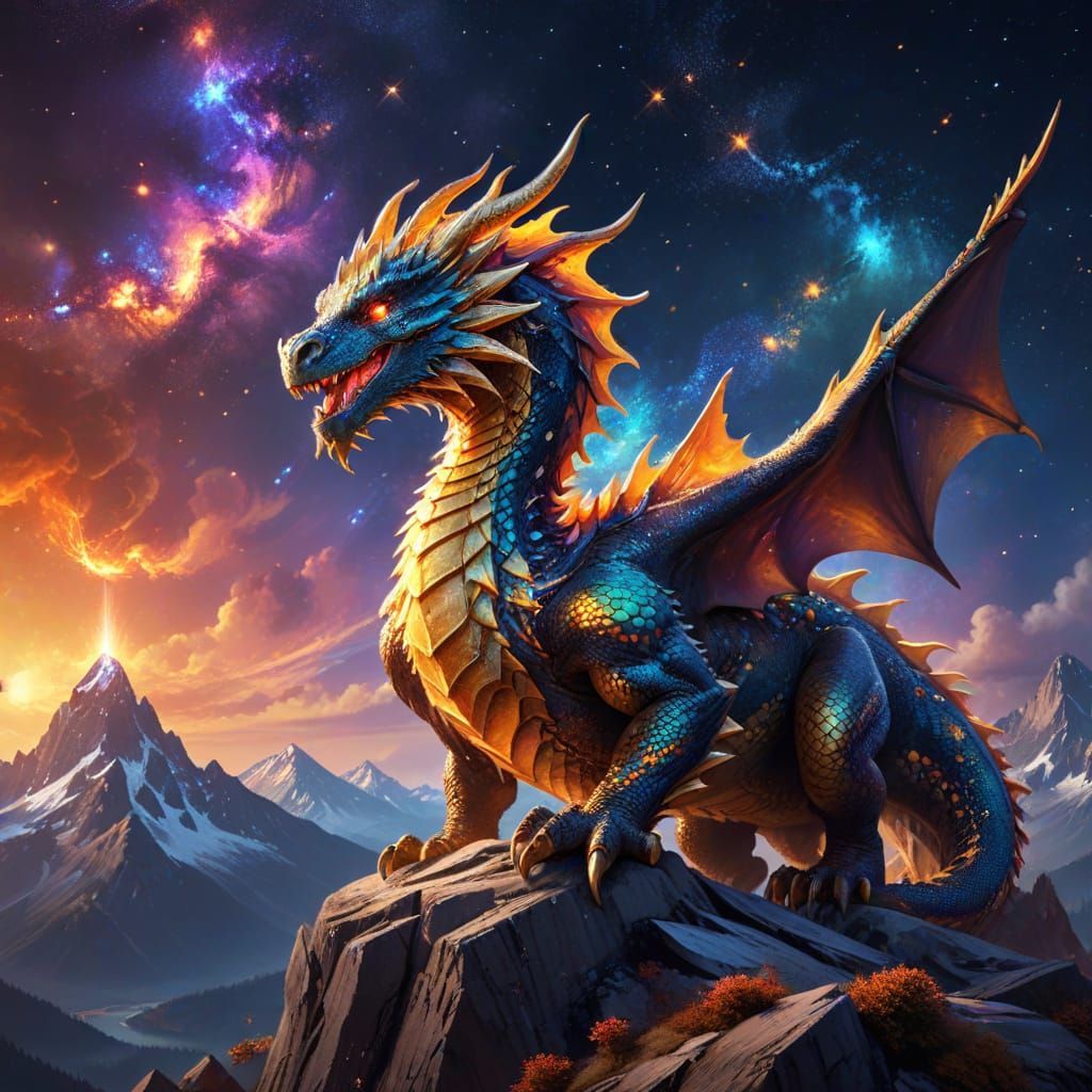 Galaxy Dragon on Mountain: Fantasy Concept Art