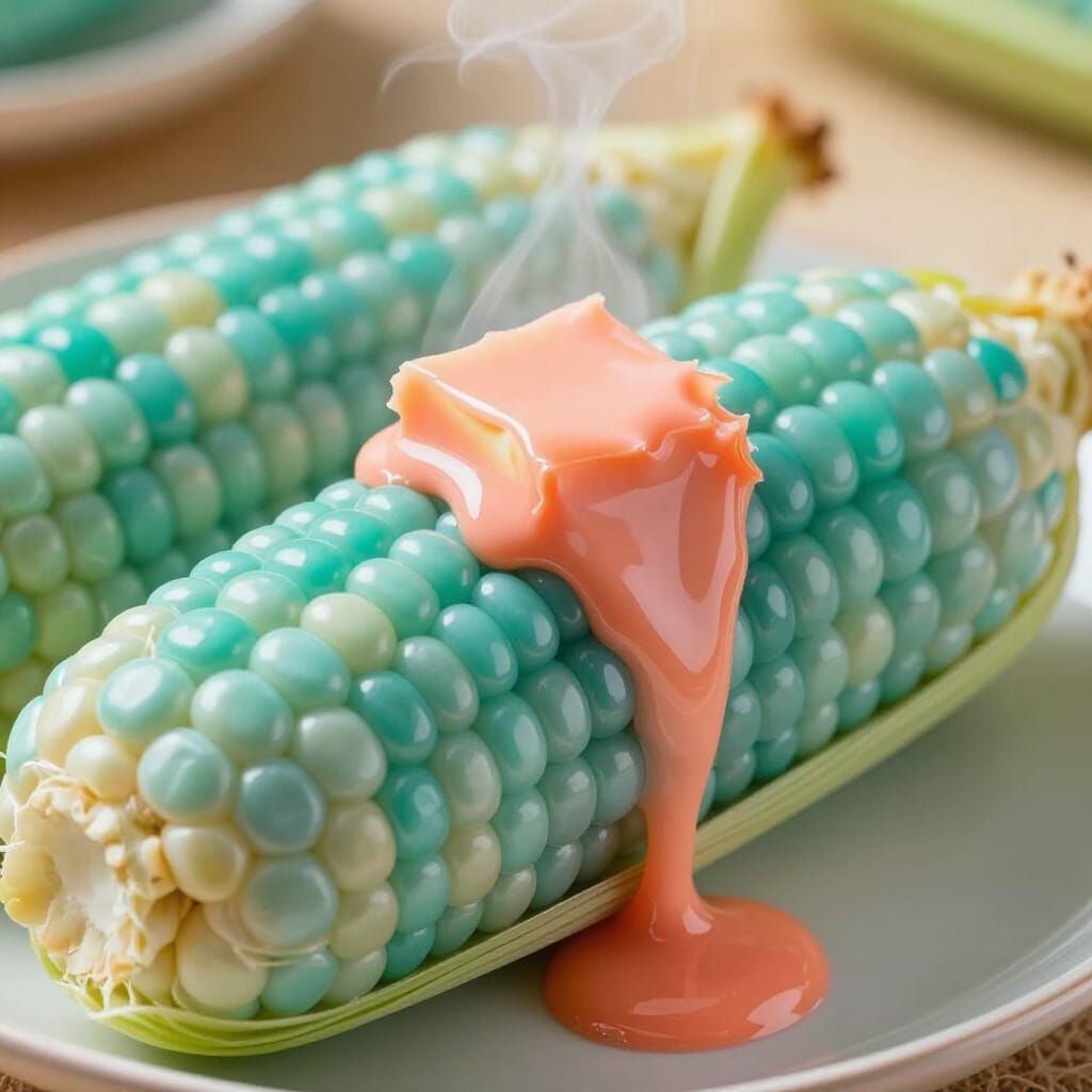 Turquoise Corn with Coral Butter, Photorealistic Food Art