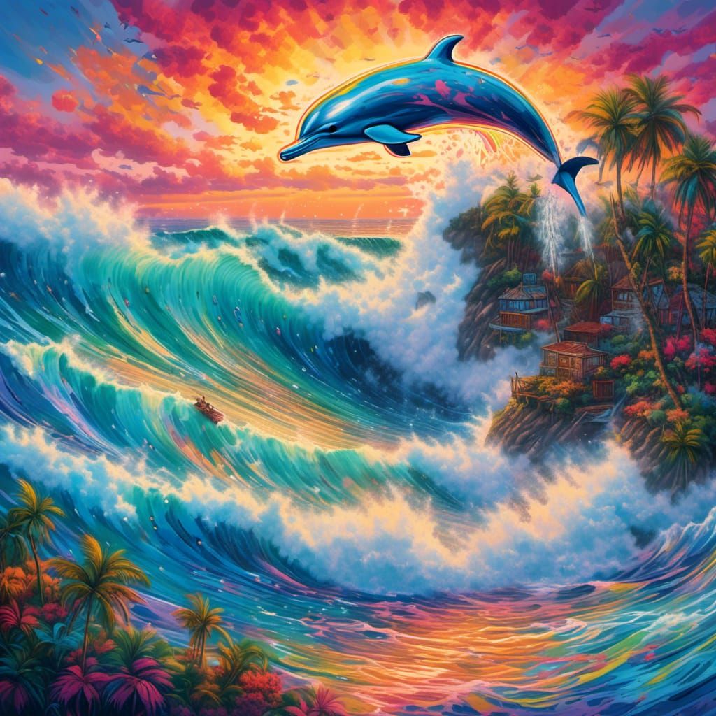 Dolphin Leaping at Sunset in Graffiti Art