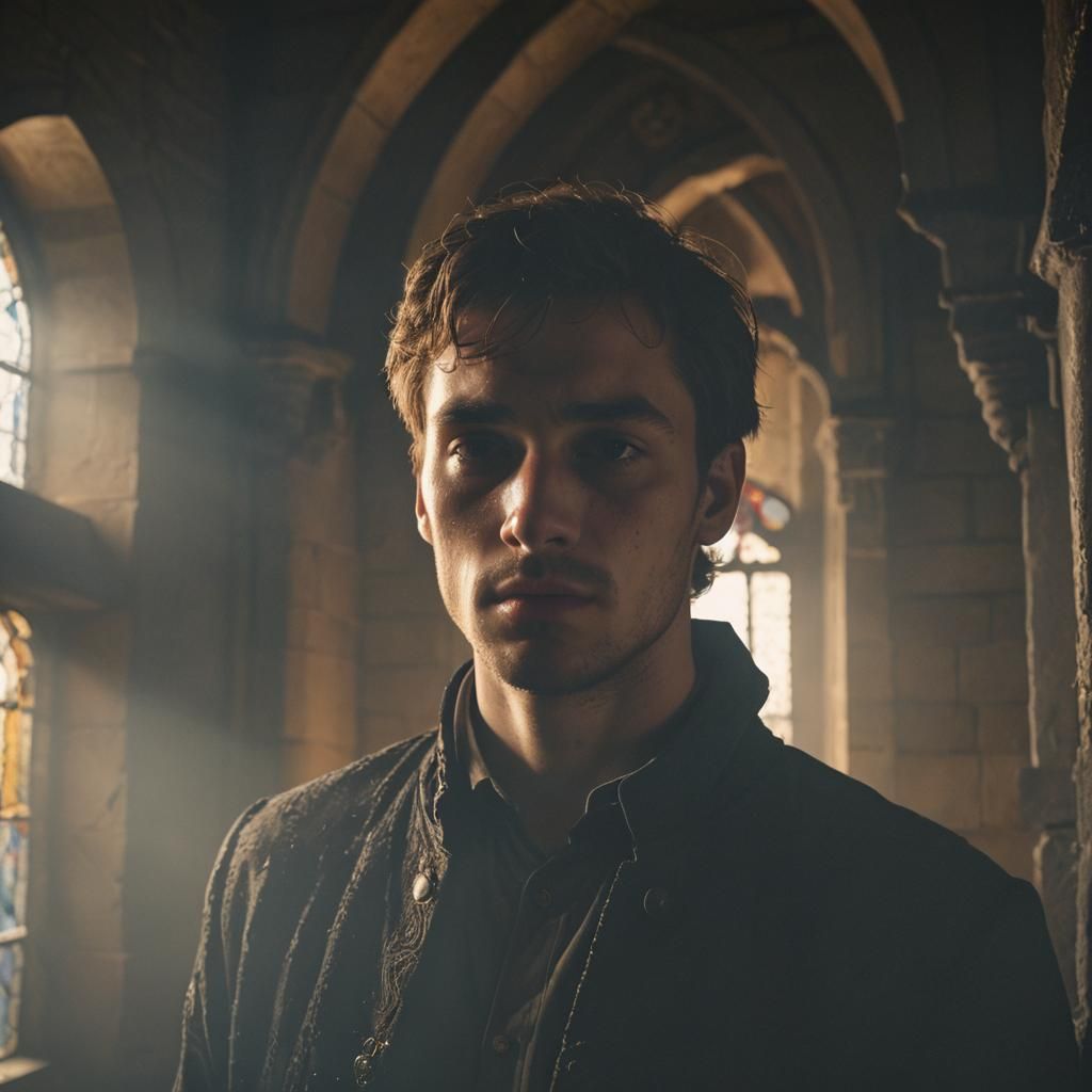 Devastated Man in Castle Corridor: Film Noir Still